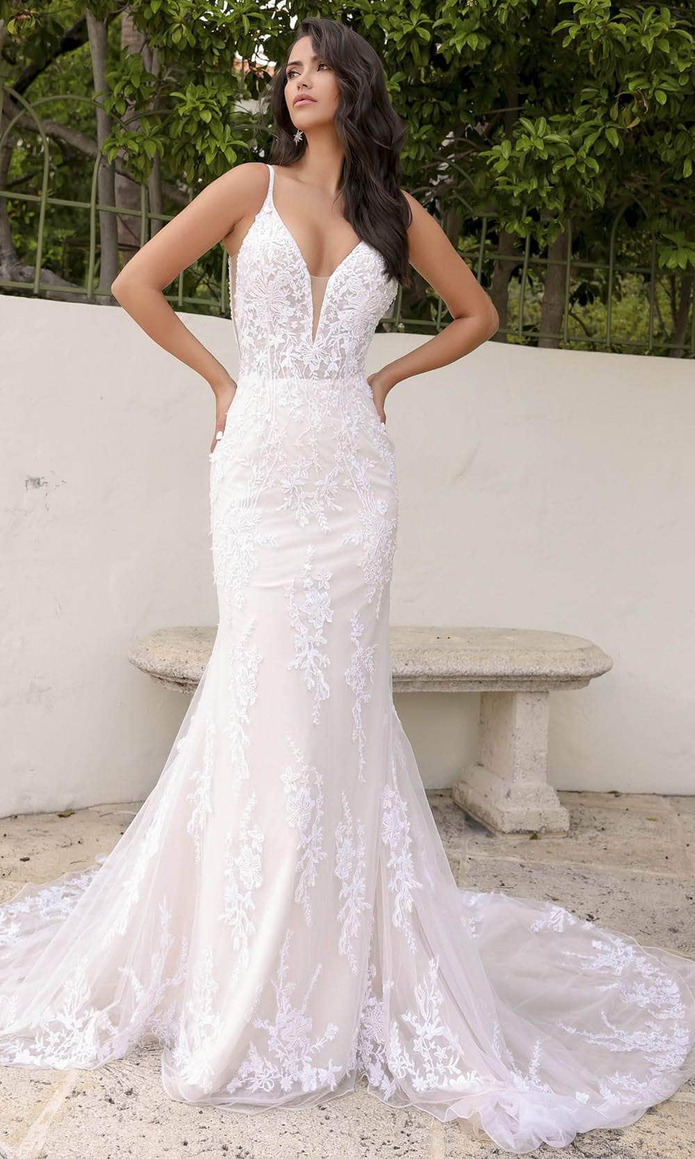 mermaid lace applique wedding dress Mermaid Strapless Chapel Train Tulle Lace Applique Backless Wedding Dress