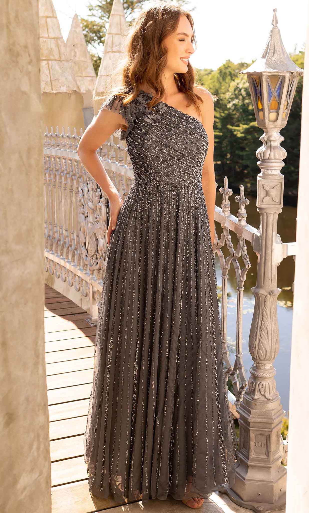 Primavera Couture 12003 - Flowy Sequined One Shoulder Dress Prom Dresses 4 / Charcoal