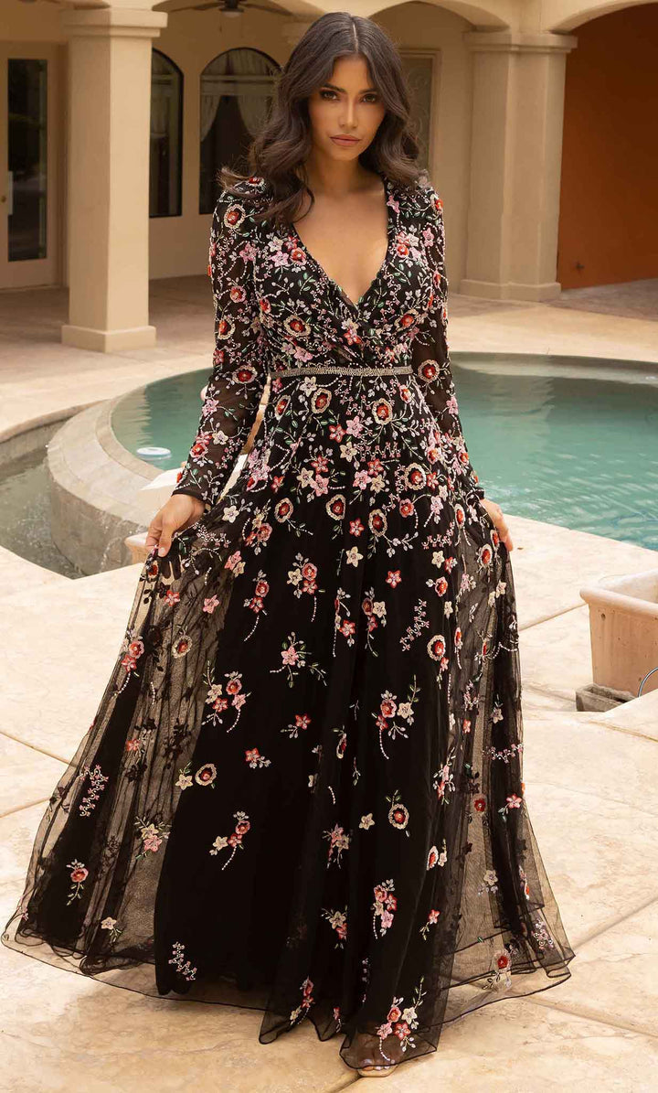 Primavera Couture - Long Sleeve Dress 12006  In Black and Multi