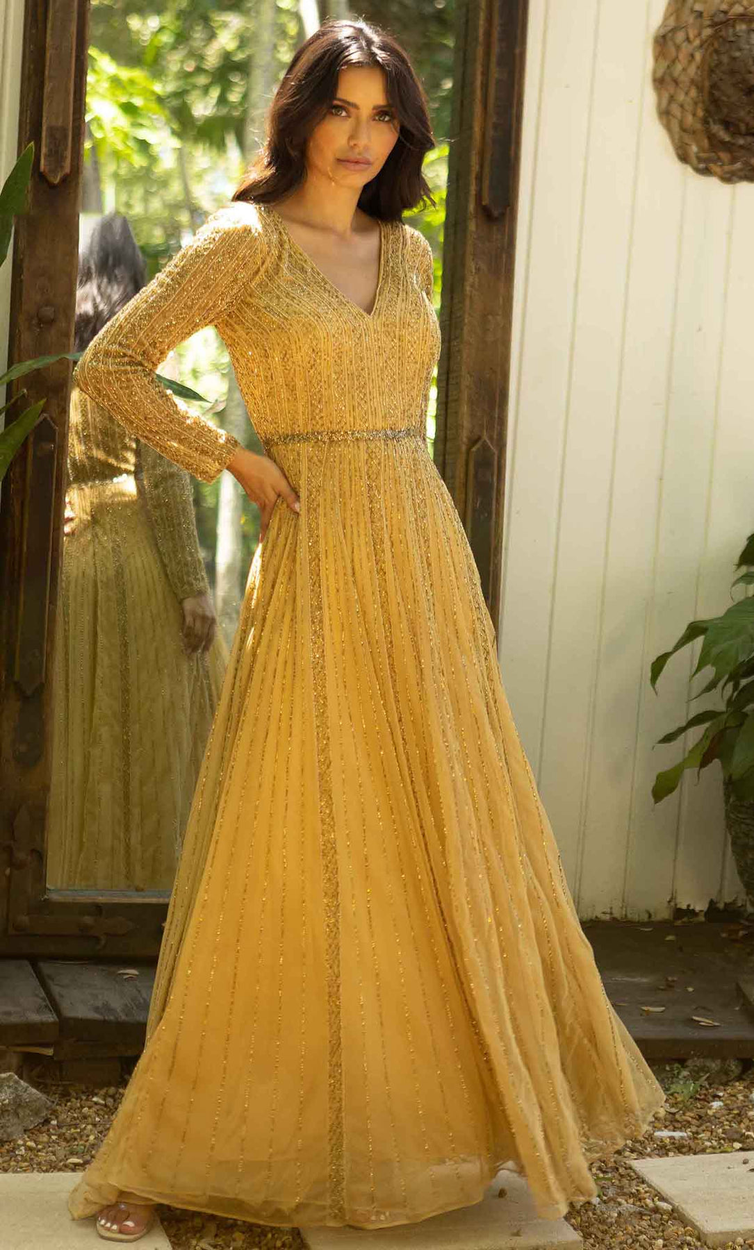 Primavera Couture 12010 - Long A-line Dress - Long sleeves, Thin band, Modest, Flowy skirt, Embellished fabric, Enclosed back, Back zipper, Floor length ADASA Primavera Couture 12010 - Long A-line Dress - Long sleeves, Thin band, Modest, Flowy skirt, Embellished fabric, Enclosed back, Back zipper, Floor length ADASA