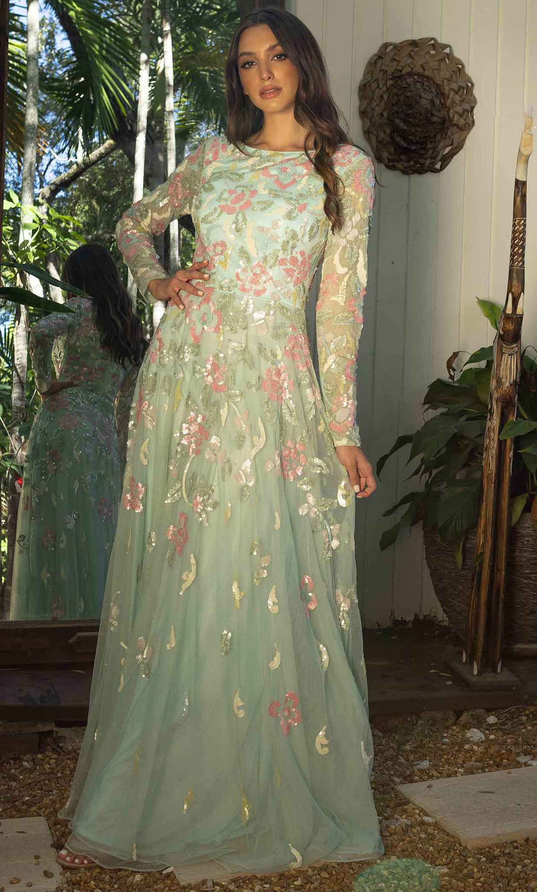 Primavera Couture 12021 - Long A-line Dress - Long sleeves, Sequins, Floral pattern, Modesty, Back zipper, Floor length, Sweep train, Flowy ADASA Primavera Couture 12021 - Long A-line Dress - Long sleeves, Sequins, Floral pattern, Modesty, Back zipper, Floor length, Sweep train, Flowy ADASA