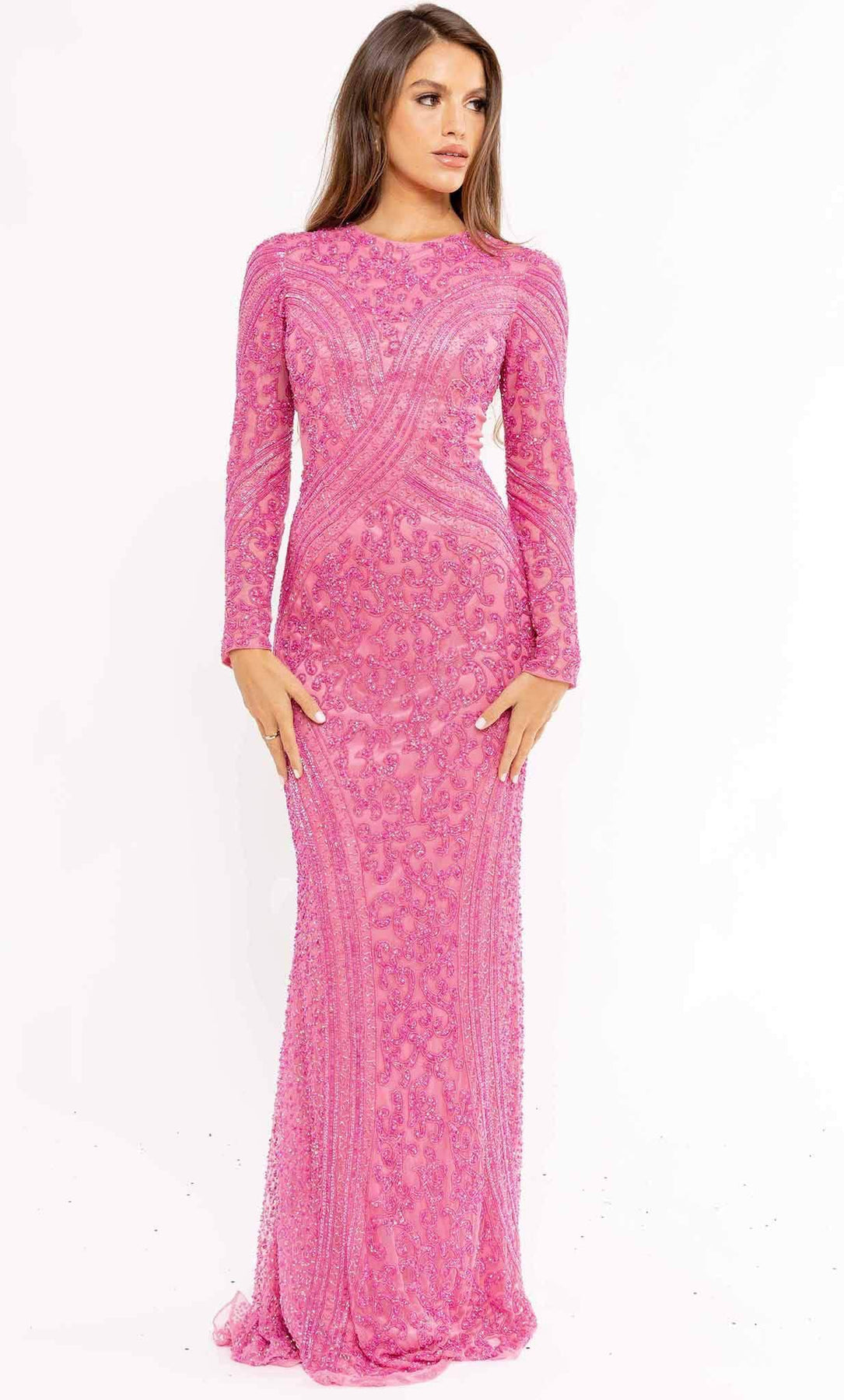 Primavera Couture 12031 - Long Sheath Dress - Long sleeves, Form-fitting bodice, Back zipper, Floor length, Sweep train, Embellished ADASA Primavera Couture 12031 - Long Sheath Dress - Long sleeves, Form-fitting bodice, Back zipper, Floor length, Sweep train, Embellished ADASA