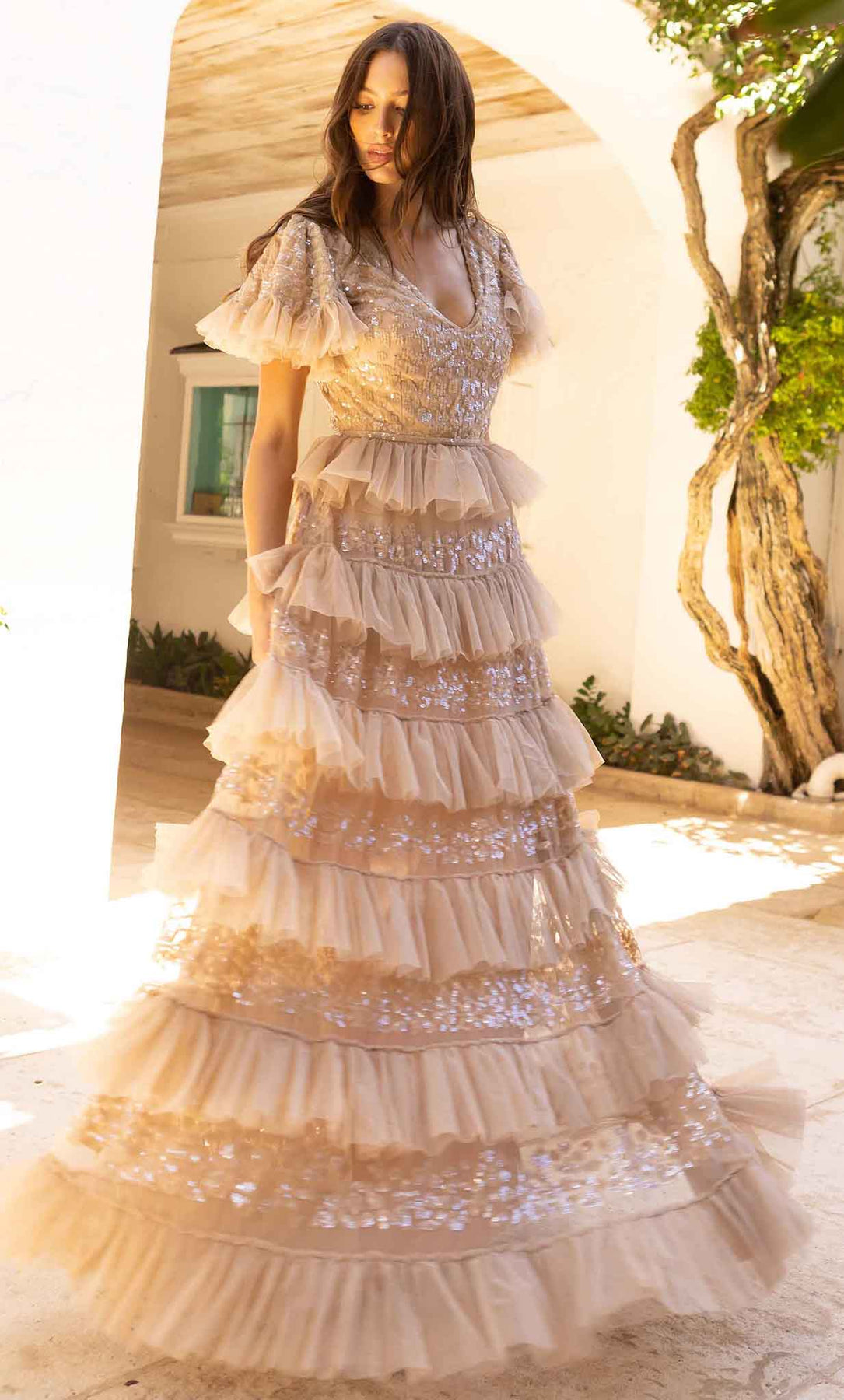 Primavera Couture 12058 - Long A-line Dress - Short sleeves, Tiered, V neckline, Sequins, Back zipper, Floor length, Sweep train ADASA Primavera Couture 12058 - Long A-line Dress - Short sleeves, Tiered, V neckline, Sequins, Back zipper, Floor length, Sweep train ADASA