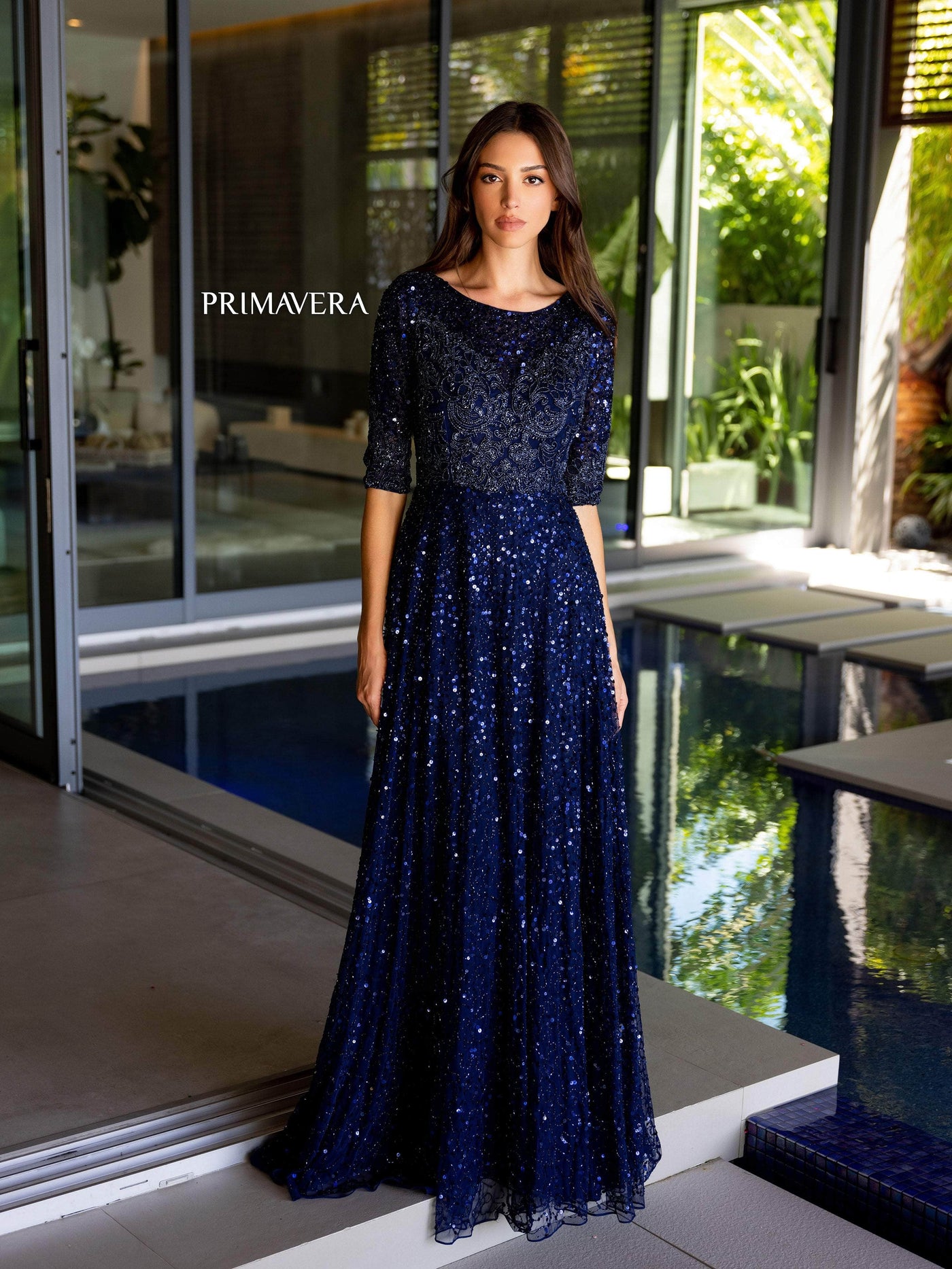 Primavera Couture 13115 - Elbow Sleeve Beaded Prom Gown Special Occasion Dress