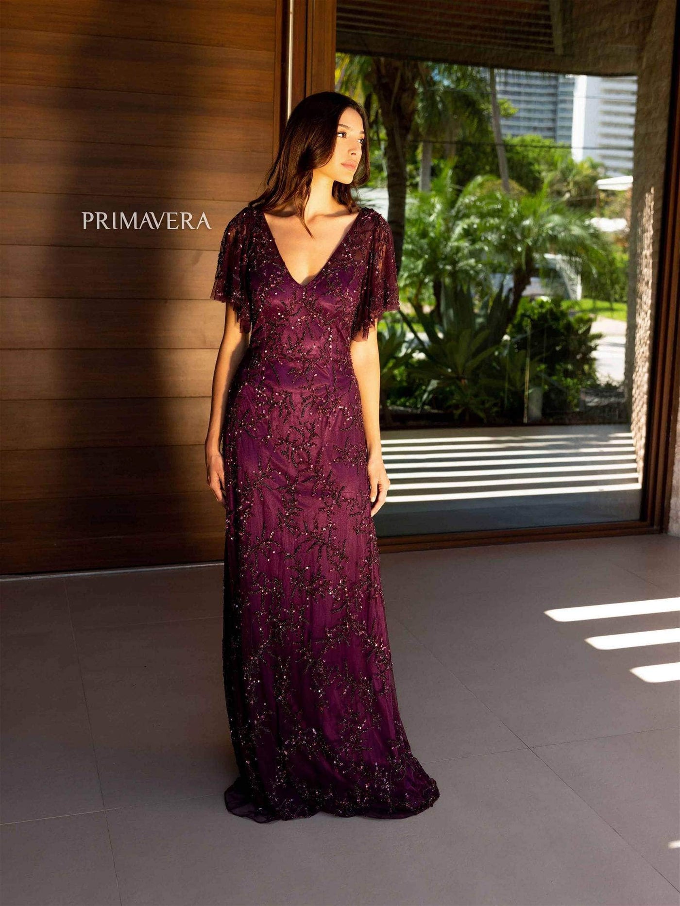 Primavera Couture 13124 - V-Neck Flutter Sleeve Evening Dress Special Occasion Dress