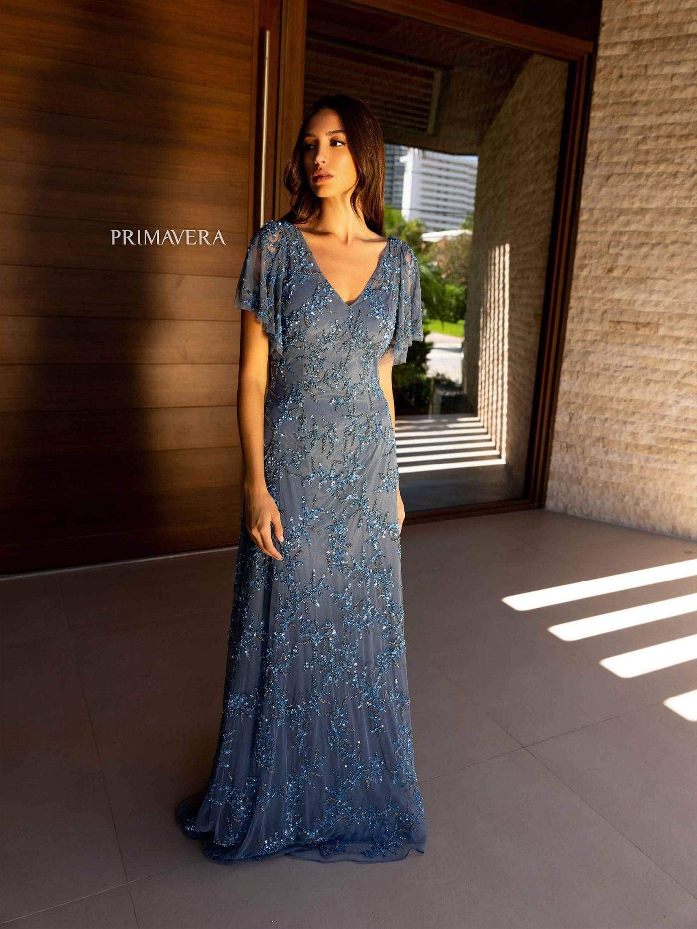 Primavera Couture 13124 - V-Neck Flutter Sleeve Evening Dress Special Occasion Dress