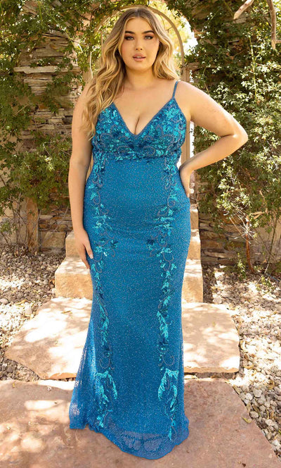 Primavera Couture 14005 - Soft-Giving Plunging Sheath Gown Prom Dresses 14W / Peacock