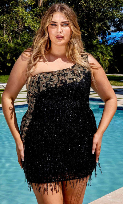 Primavera Couture 14026 - Asymmetrical One-Sleeve Cocktail Dress Cocktail Dresses 14W / Black