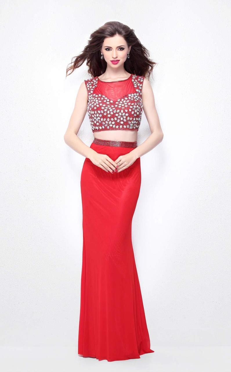 Primavera Couture - 1511 Bejeweled Illusion Bateau Neck Sheath Dress Special Occasion Dress 0 / Red