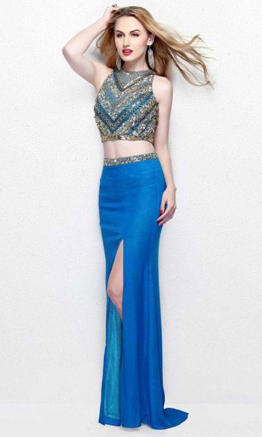 Primavera Couture - 1803SC Bejeweled Two Piece Slit Dress In Blue