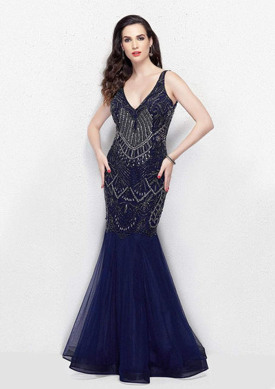Primavera Couture - 3001 Embellished V-neck Trumpet Dress Special Occasion Dress 0 / Midnight