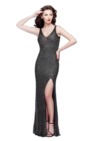 Primavera Couture - 3017 Beaded Illusion V-neck Sheath Dress Special Occasion Dress 0 / Black