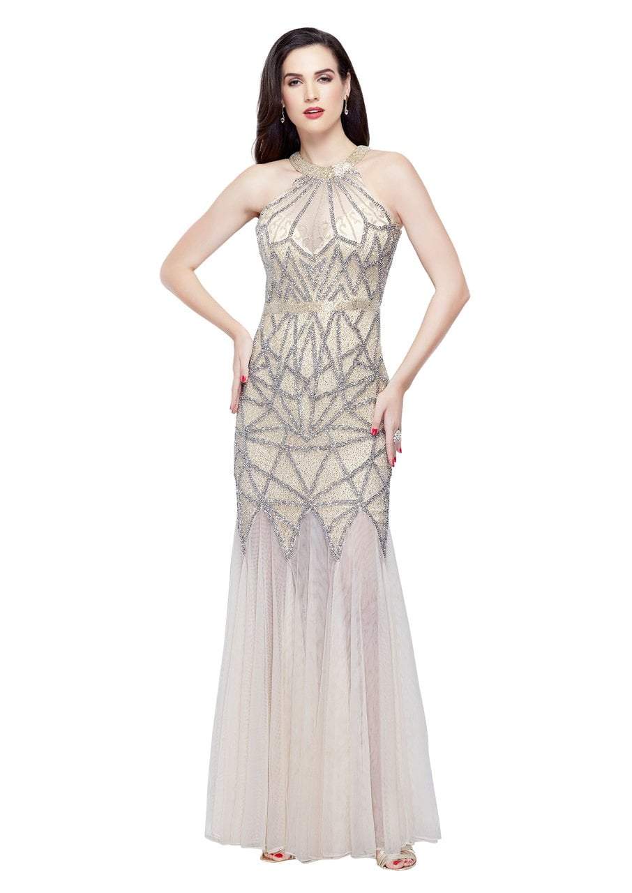 Primavera Couture - 3033 Embellished High Halter Trumpet Dress Special Occasion Dress 0 / Nude Silver