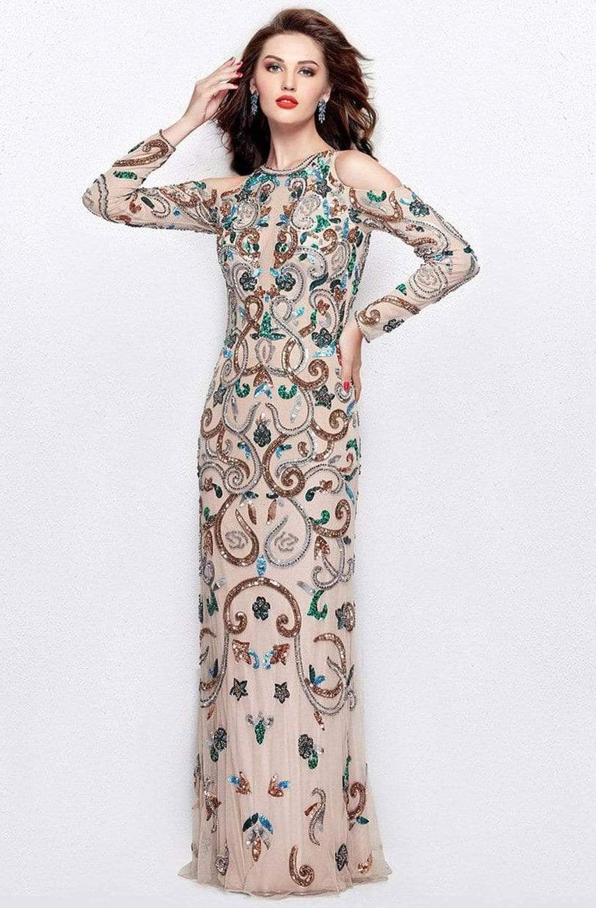 Primavera Couture - 3044 Sequined Jewel Long Sleeves Gown Special Occasion Dress 0 / Blush Multi