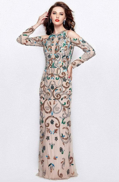 Primavera Couture - 3044 Sequined Jewel Long Sleeves Gown Special Occasion Dress 0 / Blush Multi