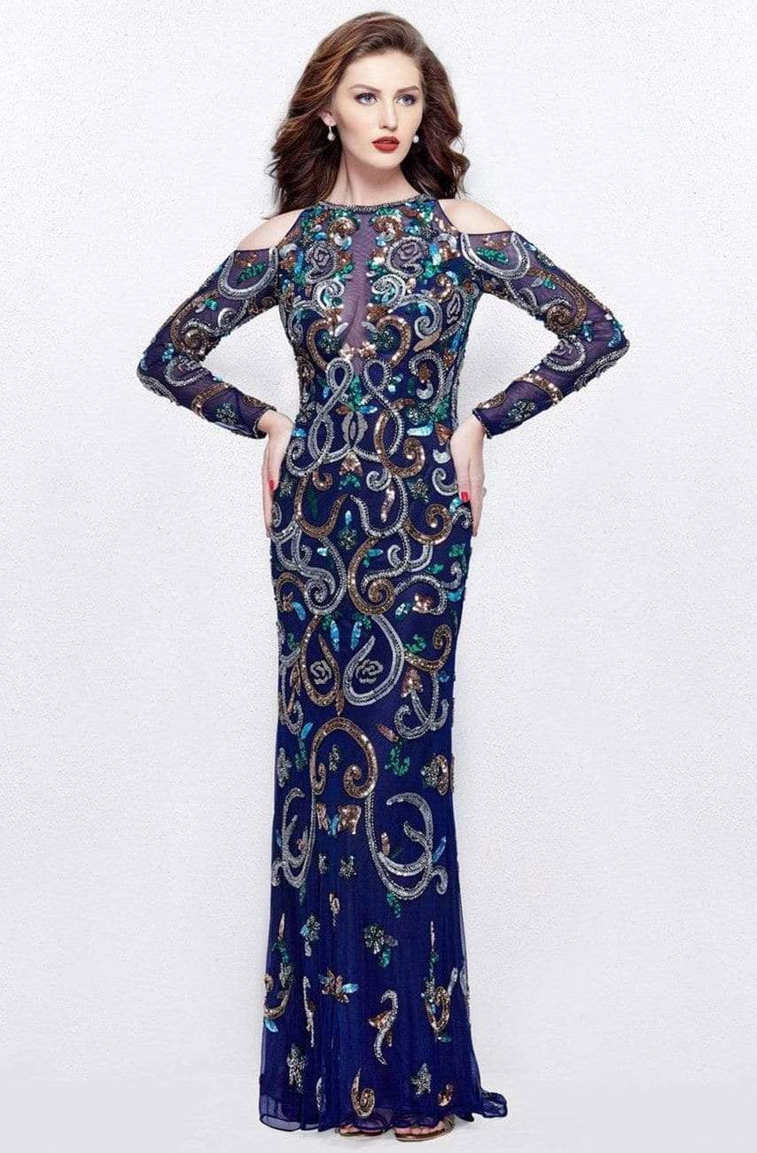 Primavera Couture - 3044 Sequined Jewel Long Sleeves Gown Special Occasion Dress 0 / Midnight Multi