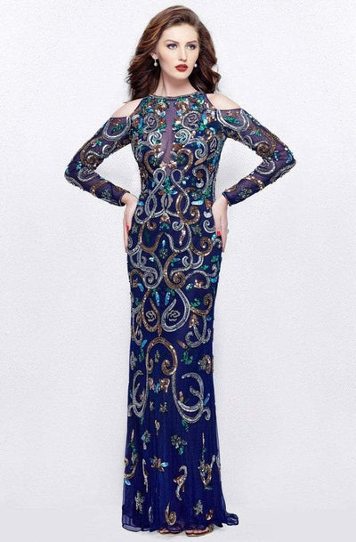 Primavera Couture - 3044 Sequined Jewel Long Sleeves Gown Special Occasion Dress 0 / Midnight Multi