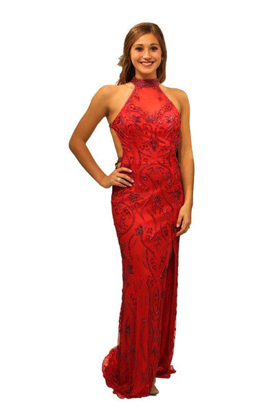 Primavera Couture - 3050 Glimmering Halter Beaded Evening Gown Special Occasion Dress 0 / Red