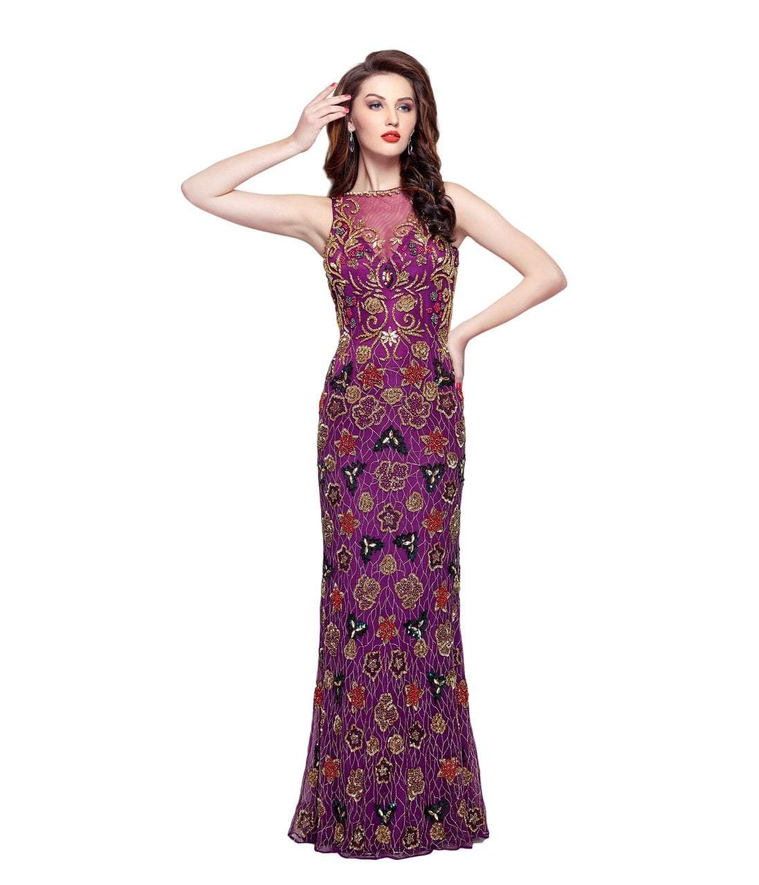 Primavera Couture - 3067 Shimmering Embellishment Sheath Gown Special Occasion Dress 0 / Plum Multi