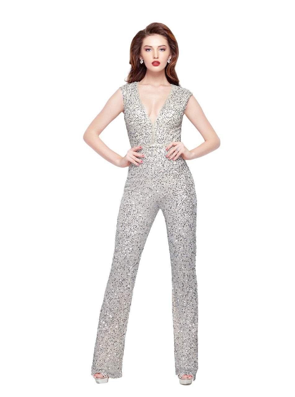 Primavera Couture 3071  Sequined Plunging Fitted Jumpsuit - 1 pc Nude in size 8 Available CCSALE 8 / Nude