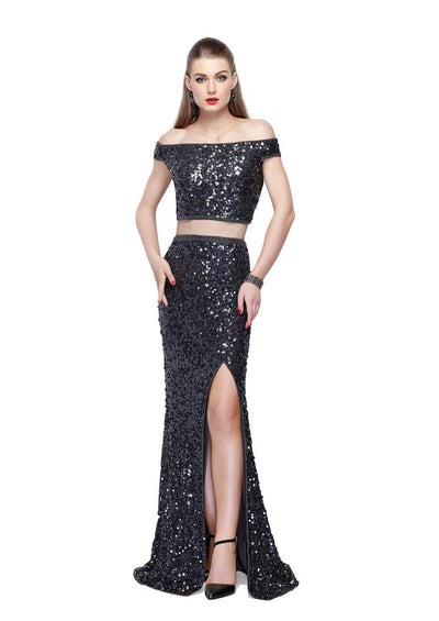 Primavera Couture - 3095 Off-Shoulder Two-Piece Sequined Gown Special Occasion Dress 0 / Charcoal