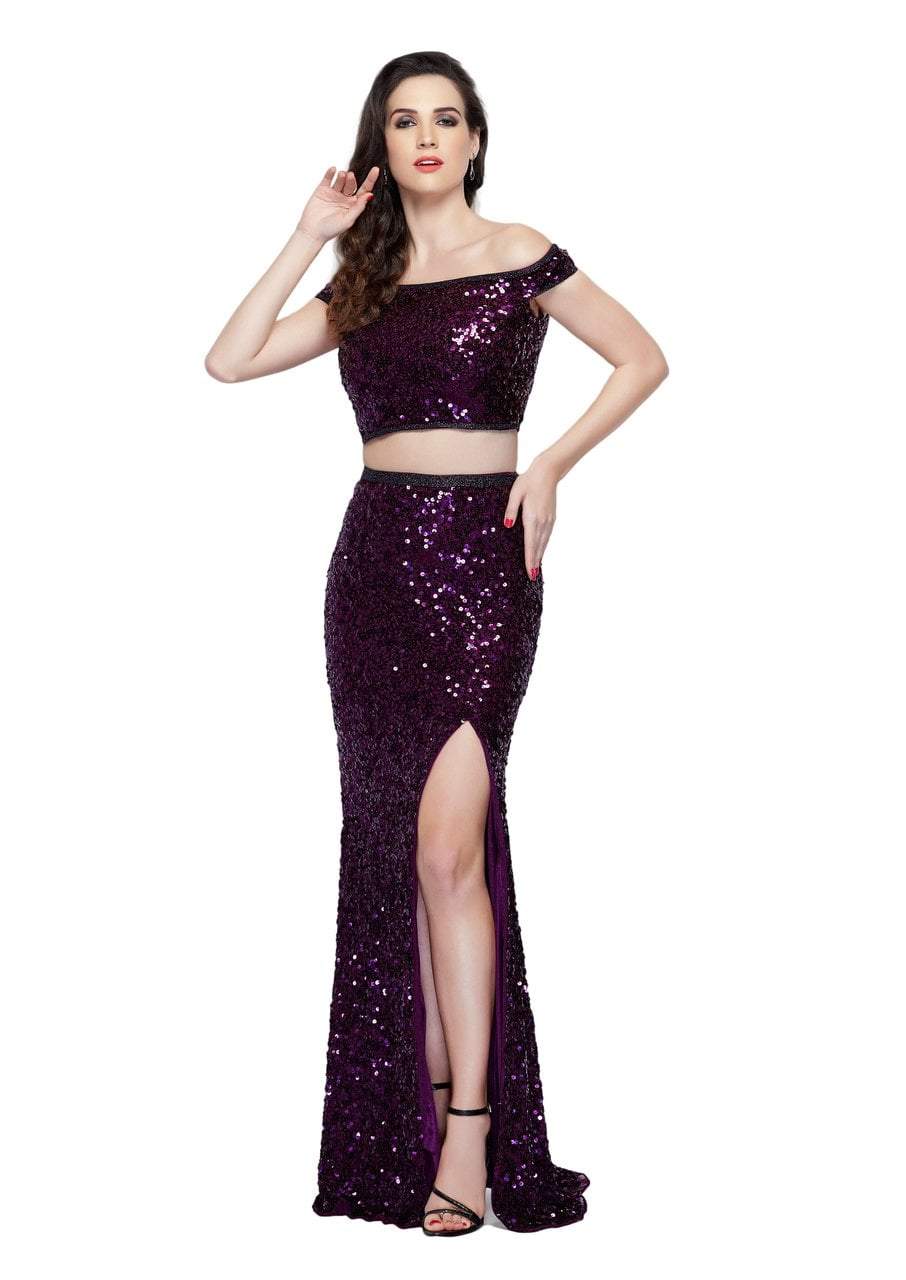 Primavera Couture - 3095 Off-Shoulder Two-Piece Sequined Gown Special Occasion Dress 0 / Plum