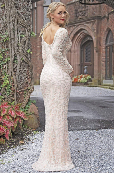 Primavera Couture - 3173 Scroll Motif Beaded Long Sleeve Sheath Gown Special Occasion Dress