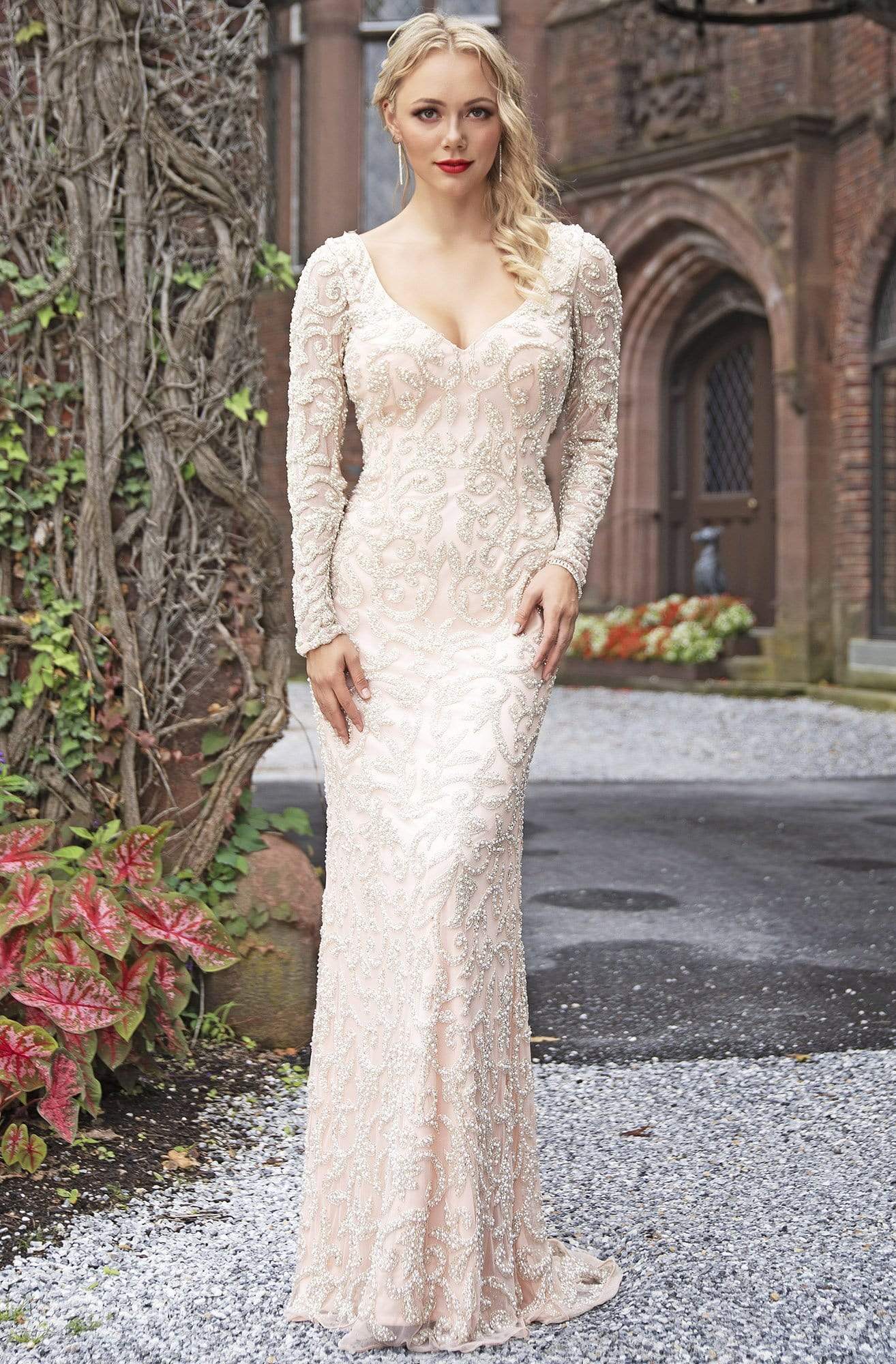 Primavera Couture - 3173 Scroll Motif Beaded Long Sleeve Sheath Gown Special Occasion Dress 2 / Blush Silver