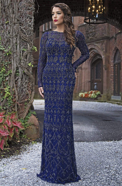 Primavera Couture - 3181 Sequined Long Sleeves Sheath Gown Special Occasion Dress 2 / Midnight