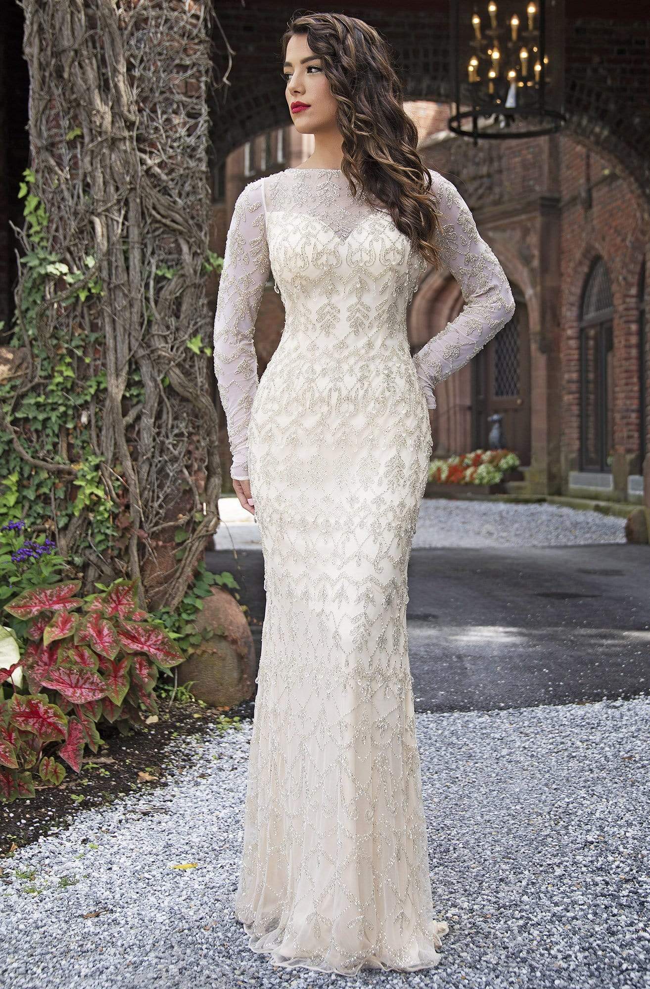 Primavera Couture - 3181 Sequined Long Sleeves Sheath Gown Special Occasion Dress 2 / Nude Silver