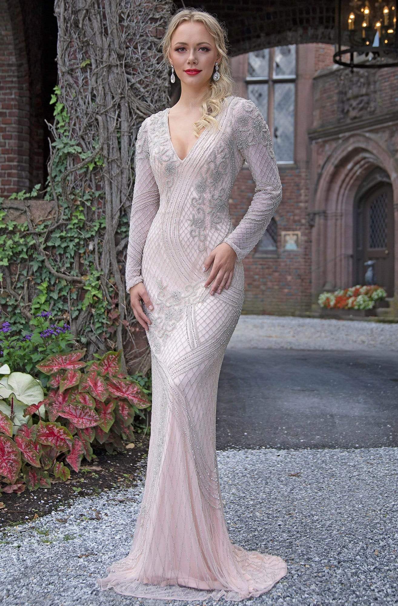 Primavera Couture - 3189 Bead Embellished Long Sleeves Gown Special Occasion Dress 2 / Blush Silver
