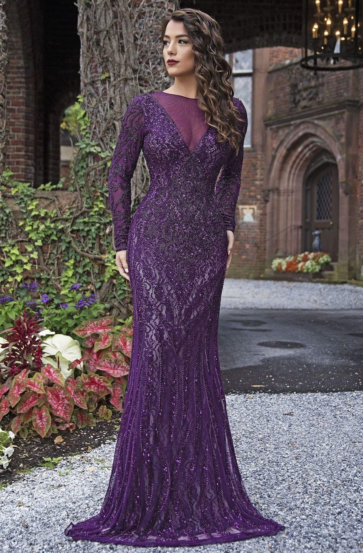 Primavera Couture - 3192 Sequined Long Sleeves Sheath Gown Special Occasion Dress 2 / Amethyst