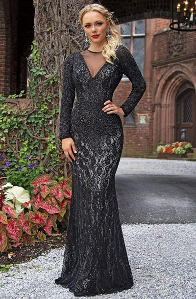 Primavera Couture - 3192 Sequined Long Sleeves Sheath Gown Special Occasion Dress 2 / Black