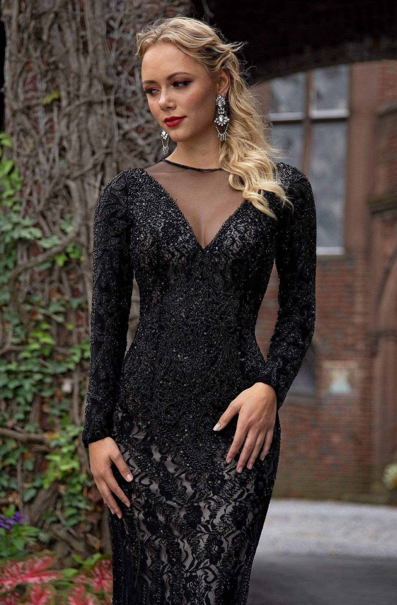 Primavera Couture - 3192 Sequined Long Sleeves Sheath Gown Special Occasion Dress