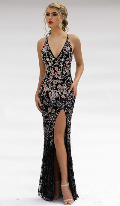Primavera Couture - 3221 Floral Embellished Backless Sheath Gown Special Occasion Dress 0 / Black