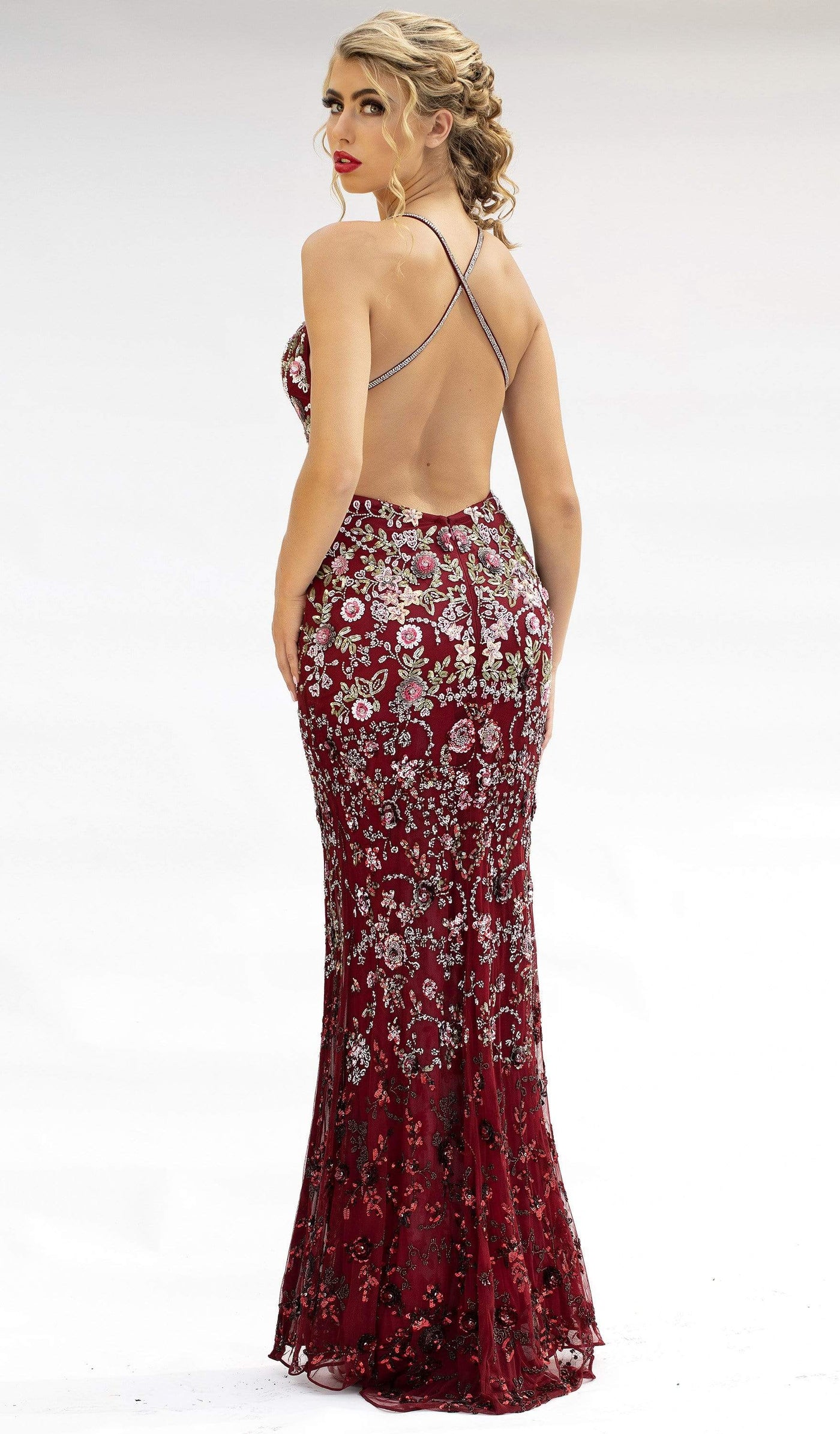 Primavera Couture - 3221 Floral Embellished Backless Sheath Gown Special Occasion Dress