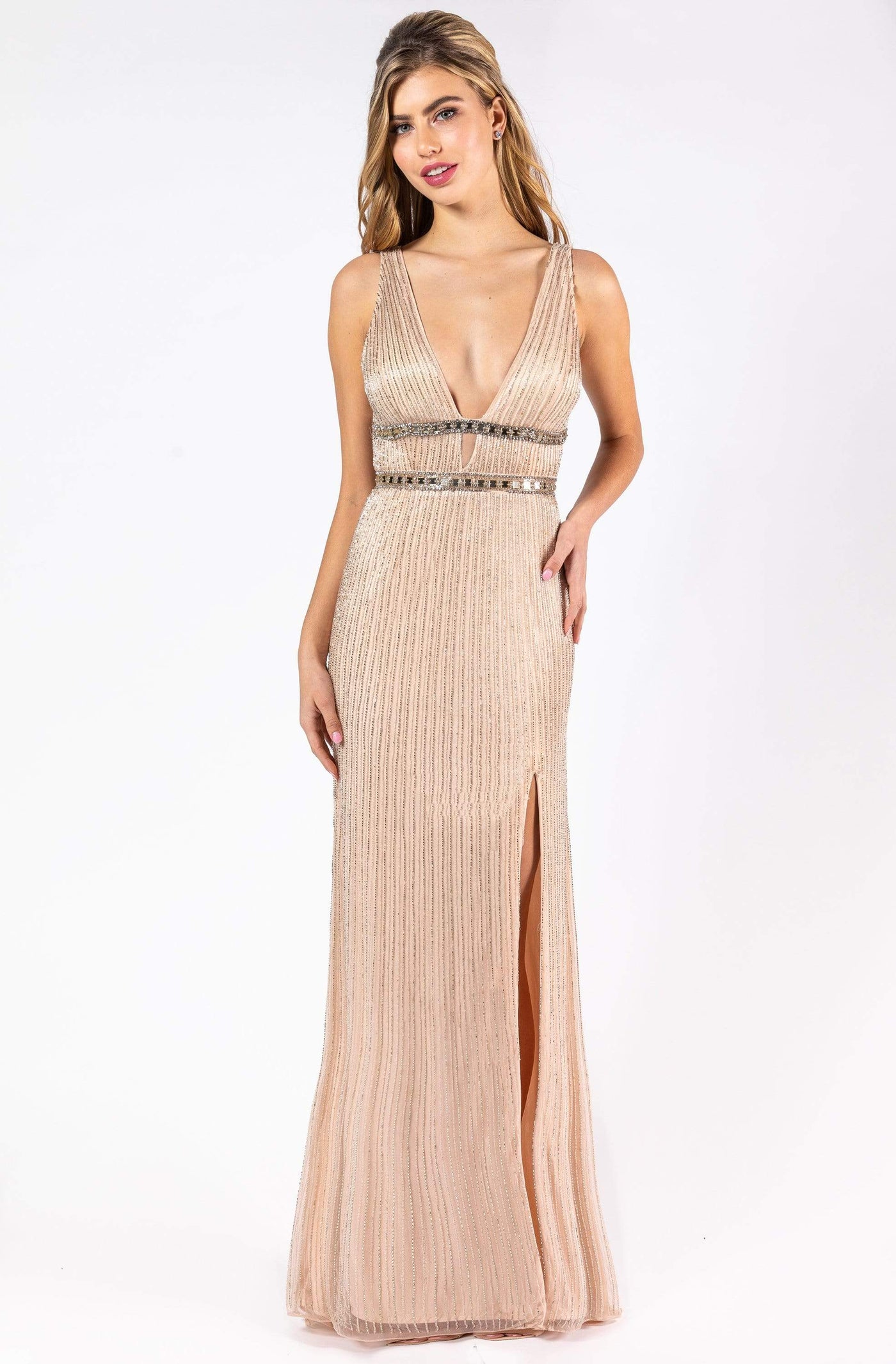 Primavera Couture - 3225 Fully Sequined Plunging V Neck Gown Special Occasion Dress 0 / Blush