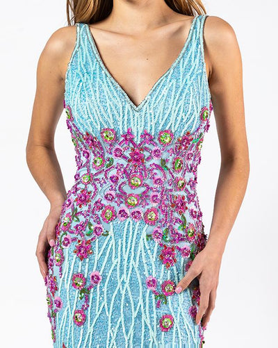 Primavera Couture - 3238 Floral Embellished V-neck Sheath Dress Special Occasion Dress