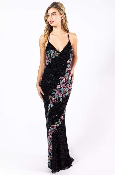 Primavera Couture - 3243 Vibrant Contrast Floral Beaded Gown Special Occasion Dress 0 / Black Multi