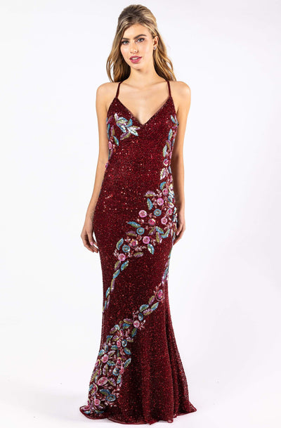 Primavera Couture - 3243 Vibrant Contrast Floral Beaded Gown Special Occasion Dress 0 / Burgundy Multi