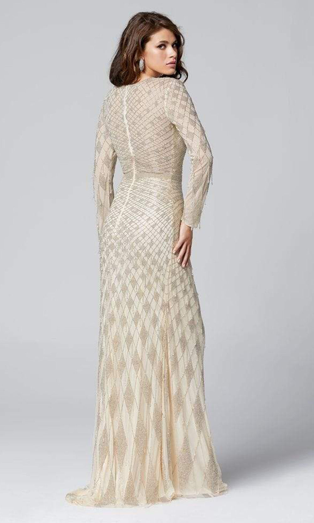 Primavera Couture - 3369SC Long Sleeve Lattice Diamond Evening Dress In Neutral and Silver