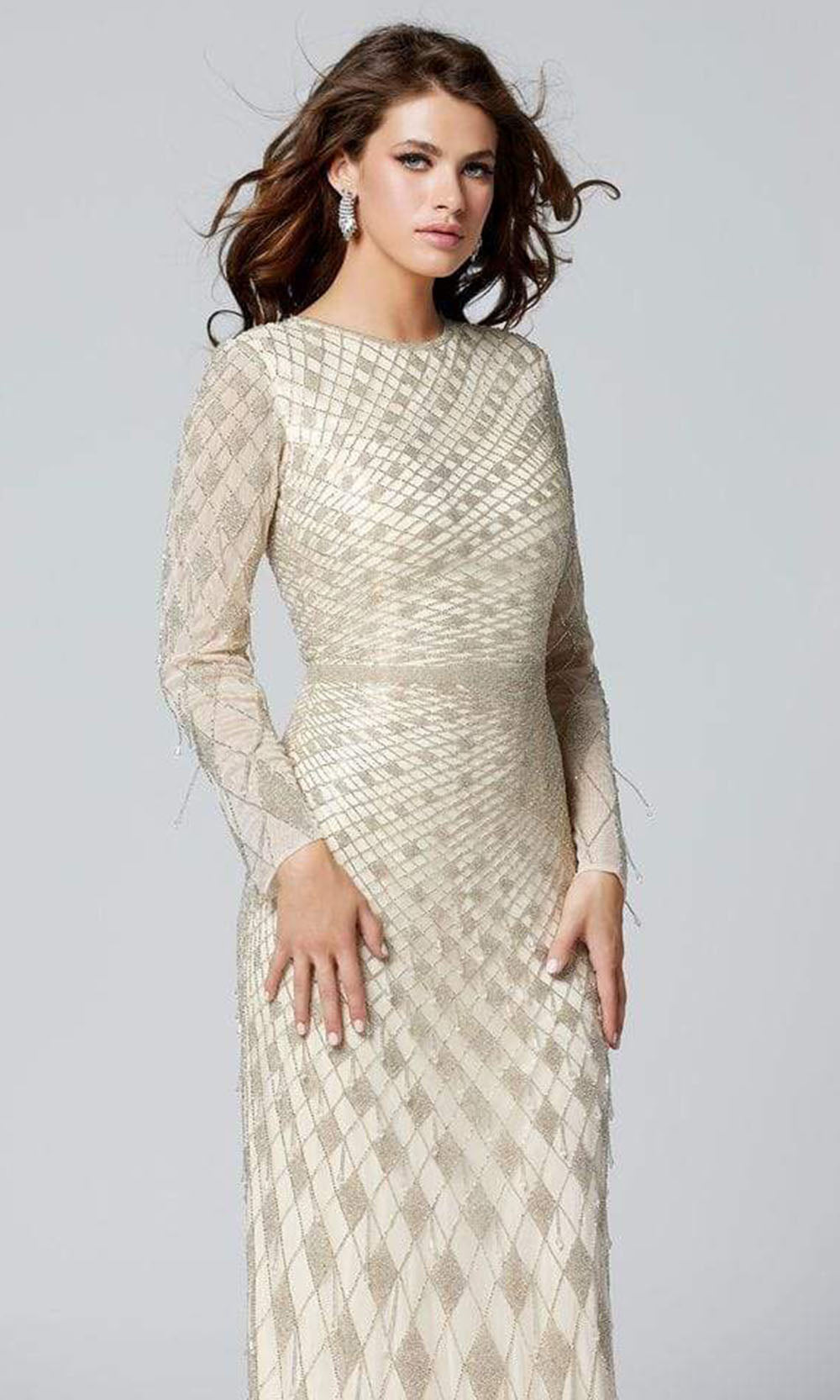 Primavera Couture - 3369SC Long Sleeve Lattice Diamond Evening Dress In Neutral and Silver