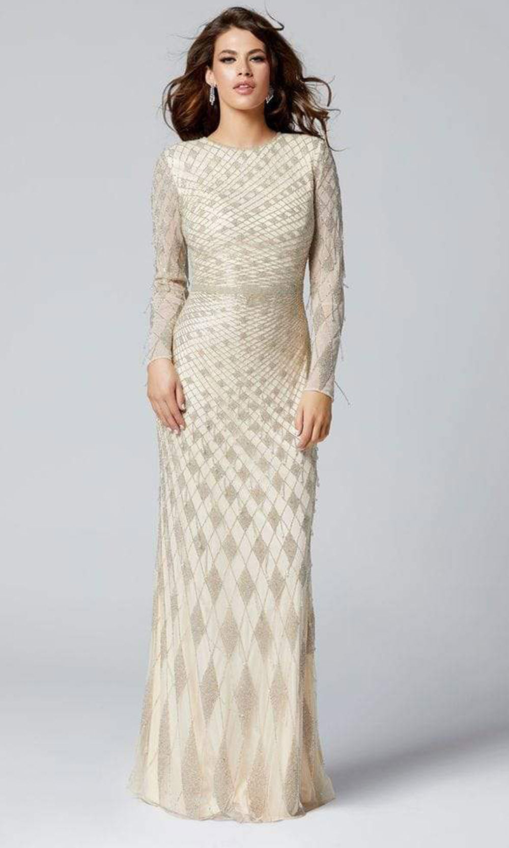 Primavera Couture - 3369SC Long Sleeve Lattice Diamond Evening Dress In Neutral and Silver