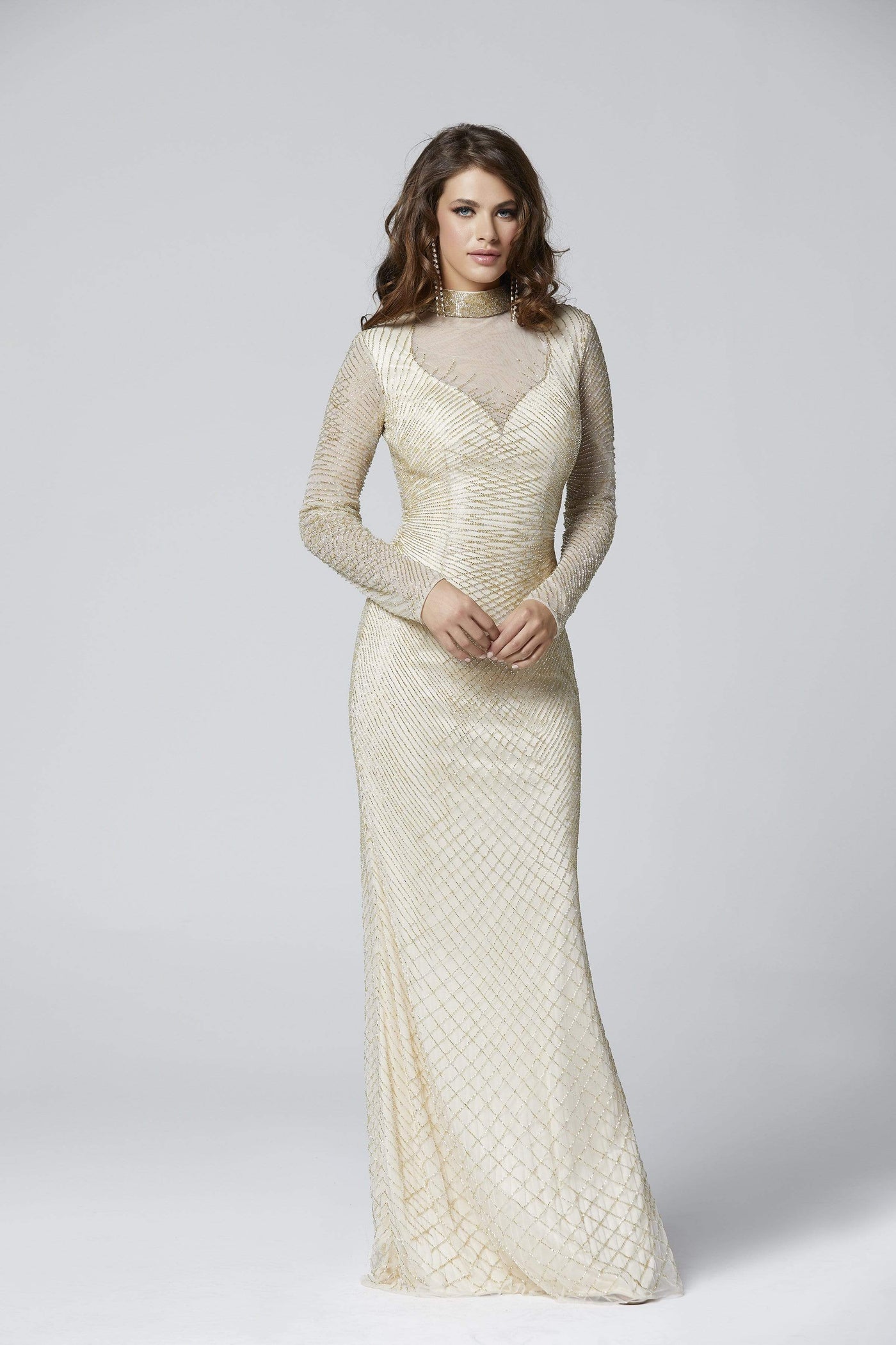 Primavera Couture - 3370 Beaded Long Sleeve High Neck Sheath Dress Special Occasion Dress 2 / Nude Gold