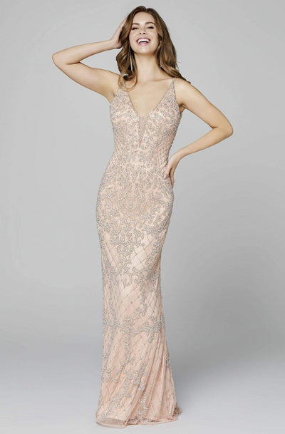 Primavera Couture - 3433 Sequin Plunging V-Neck Sheath Gown Prom Dresses 0 / Blush