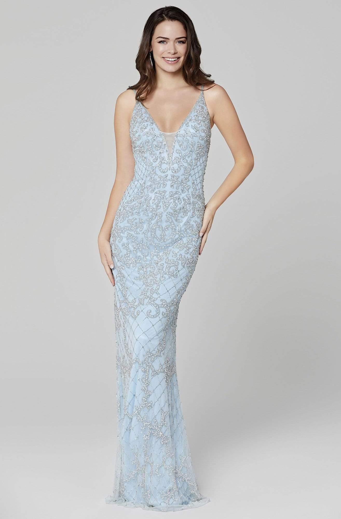 Primavera Couture - 3433 Sequin Plunging V-Neck Sheath Gown Prom Dresses 0 / Powder Blue