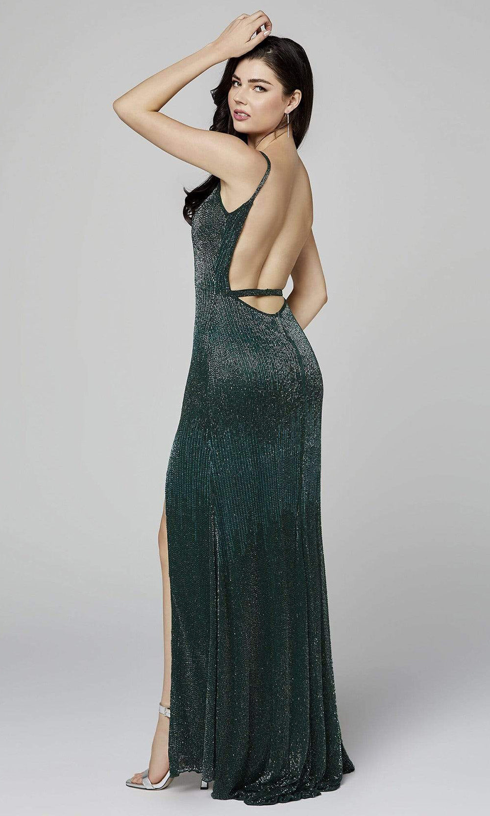 Primavera Couture - 3457SC Embellished Sleeveless Scoop High Slit Gown In Green