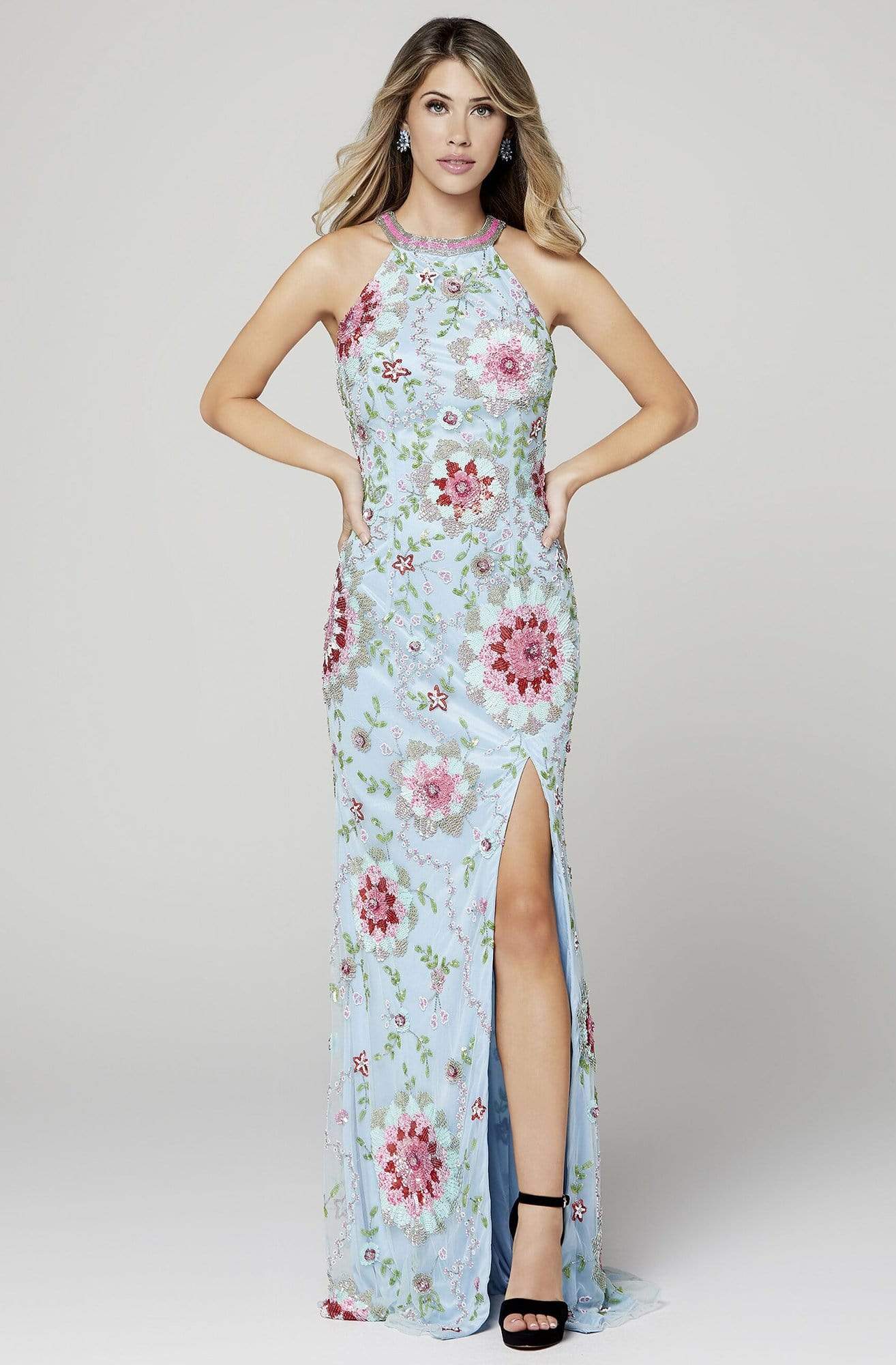 Primavera Couture - 3461 Sequined Halter Neck Sheath Dress Prom Dresses 0 / Powder Blue