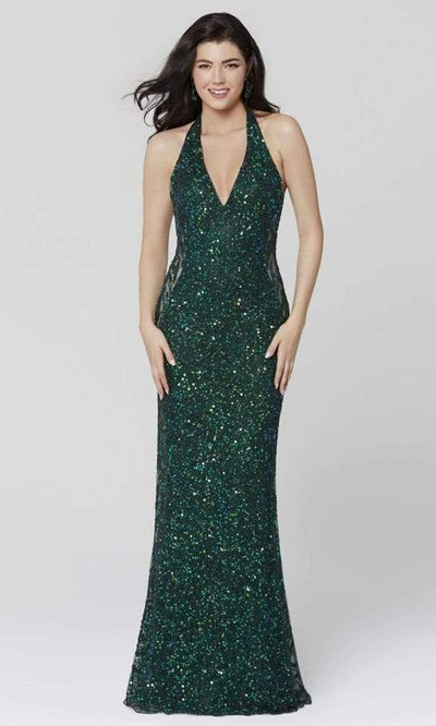 Primavera Couture - 3471 Sequined Halter V Neck Sheath Dress Special Occasion Dress 00 / Forrest Green
