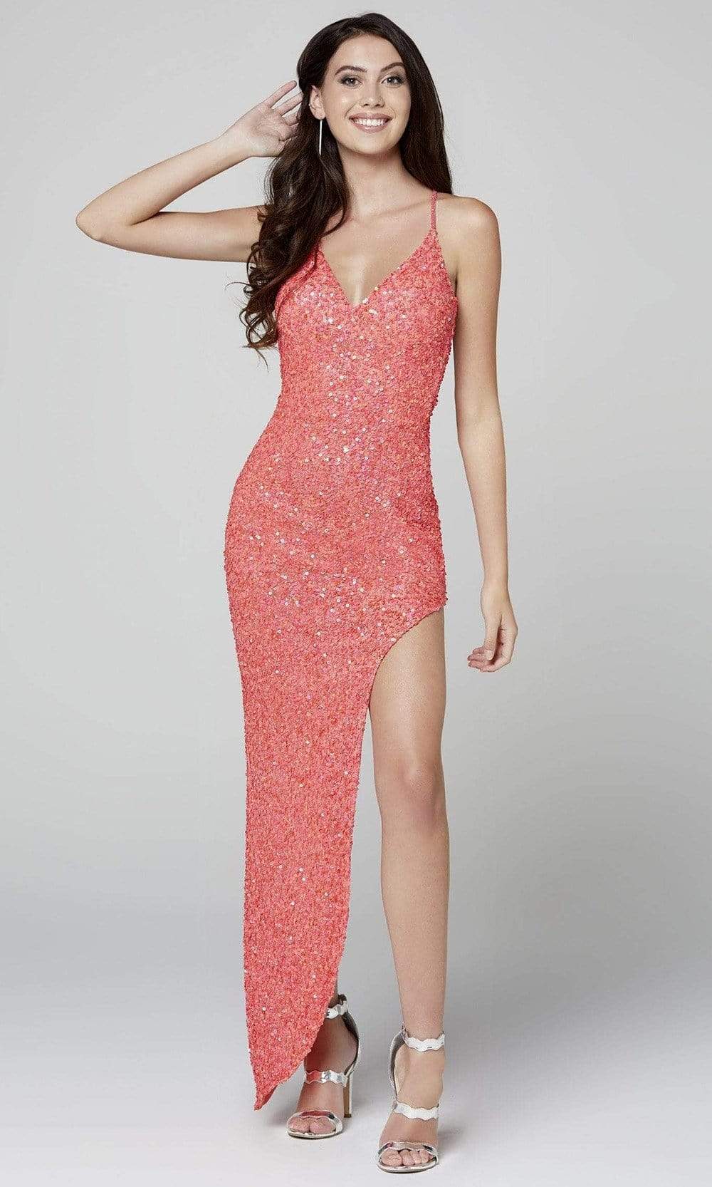 Primavera Couture - 3472 Sequined V Neck High Low Dress Evening Dresses 00 / Coral